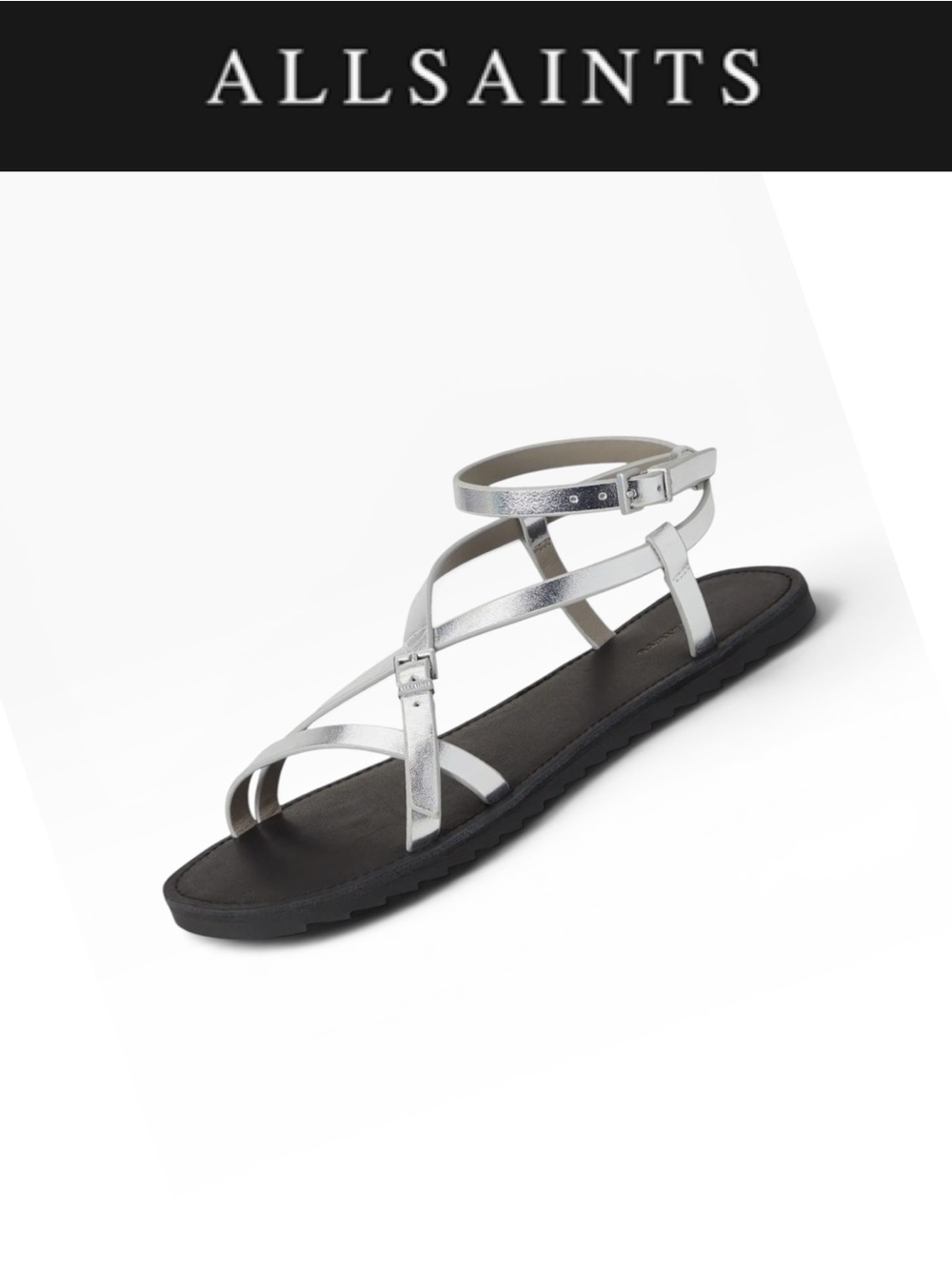ALLSAINTS TYLA SILVER LEATHER STRAPPY FLAT SANDALS ANKLE WRAP NIB SIZE EU 36/6